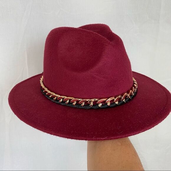 NEW Marcus Adler burgundy felt with gold ribbon chain dented fedora hat main image 5